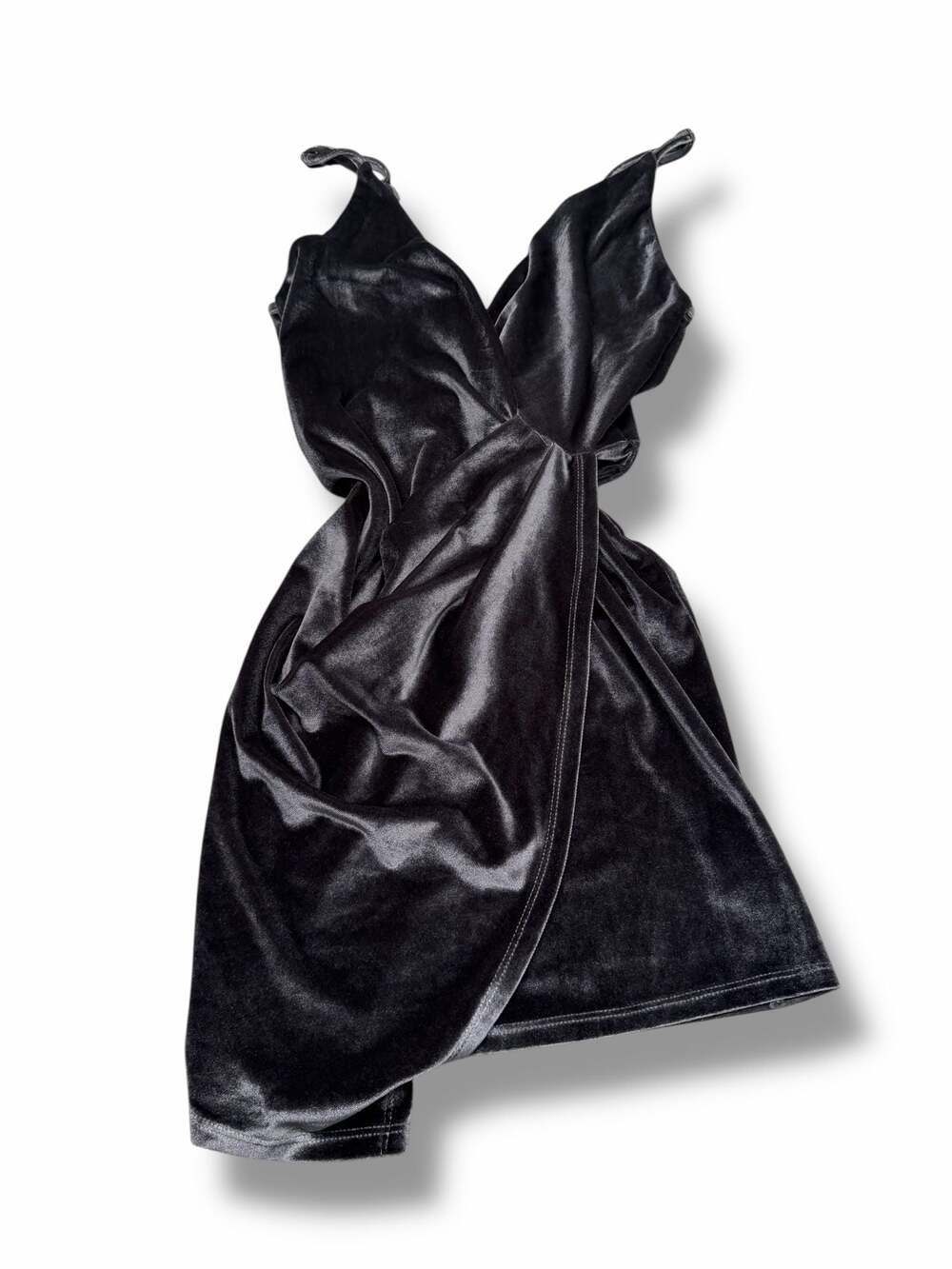 2Love V-Neck Velvet Faux Wrap Mini Dress in‎ Charcoal Grey Black